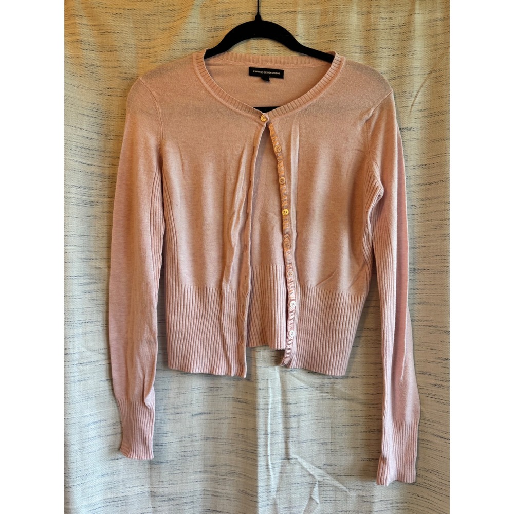Express Design Studio Pink Button Front Cardigan Sweater Satin Trim Small